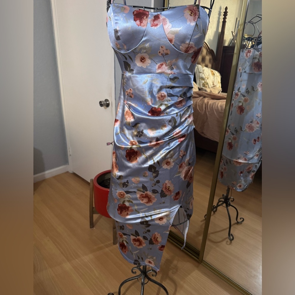 Inspired Hearts Floral Satin Dress in Blue and Pink